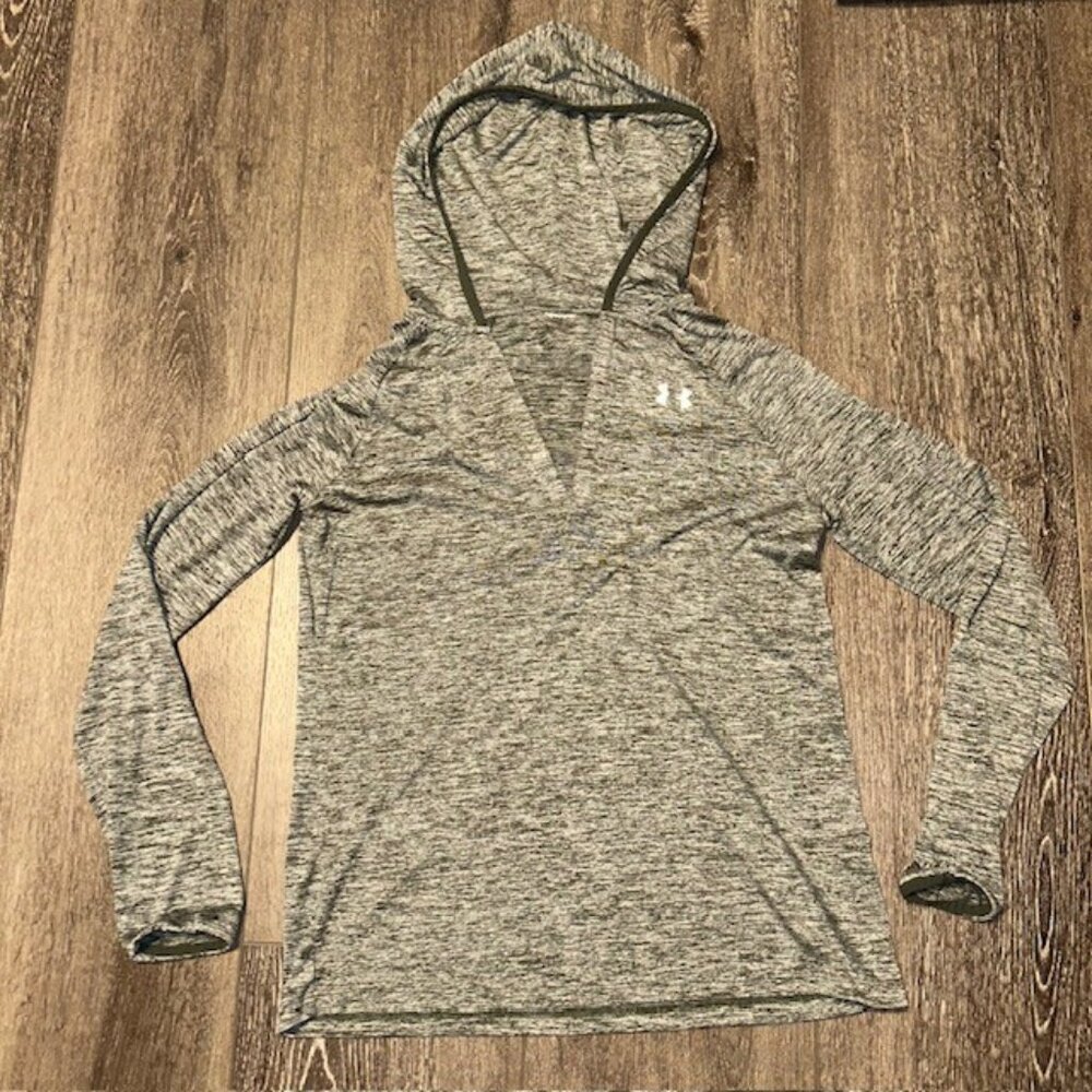 Under Armour Hoodie Womens M Heather Gray Green Long Sleeve Shirt UA Logo Hood
